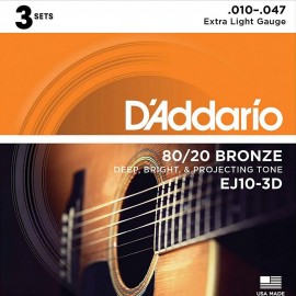 Encordoamento Para Violao Aco 010 Daddario EJ10-3D Pack com 3 jogos